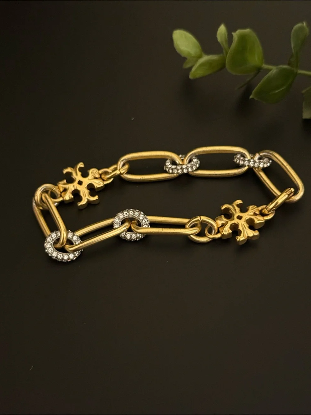 Tory‎ Burch Gold Link Bracelet with Crystal Accents